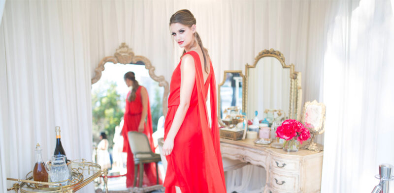 beautiful model in red dress